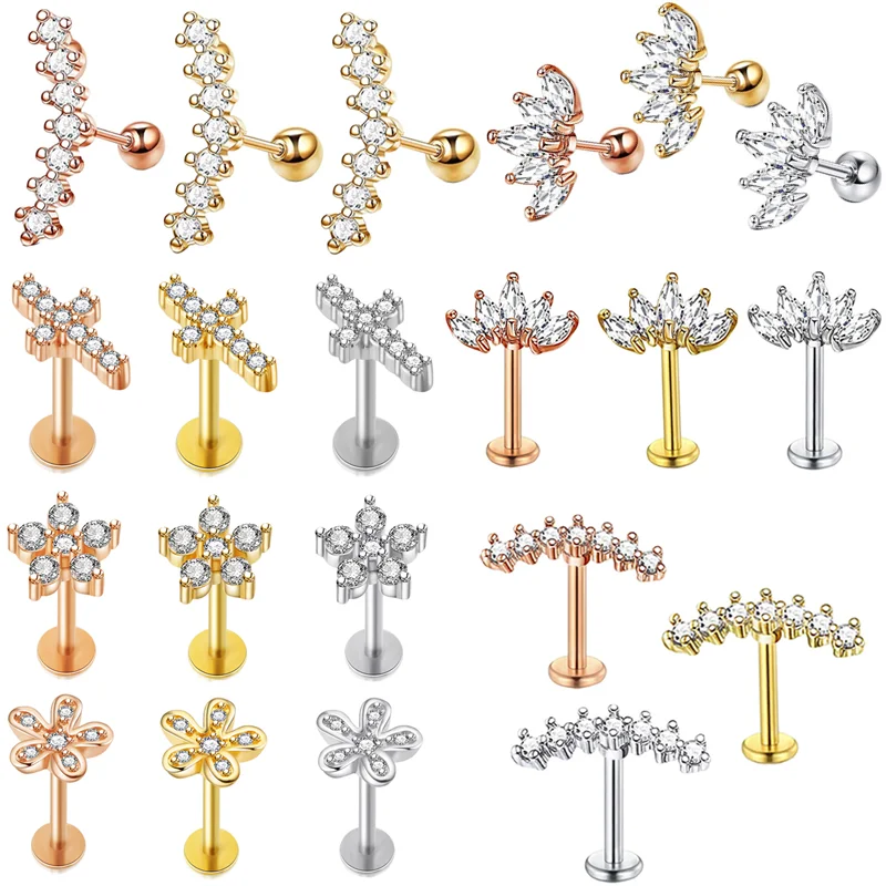 

Crystal Flower Tragus Piercing Earring Flat 16G Cross Cartilage Piercing Stud Helix Jewelry Conch Rook Lobe Earring Labret Stud