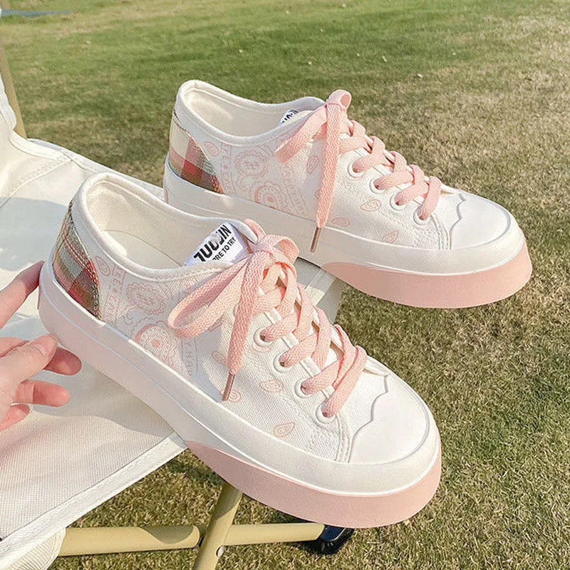 

New Sneakers Women's Sports Kawaii Shoes Canvas Pink Flat Platform Running White Casual Anime Korean Vulcanized Rubber Sole Shoe