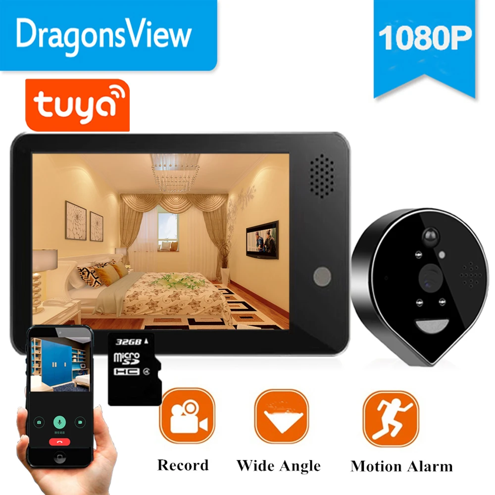 Беспроводной видеоглазок Dragonsview Tuya с Wi-Fi дверной звонок камера 4 3 дюйма монитор