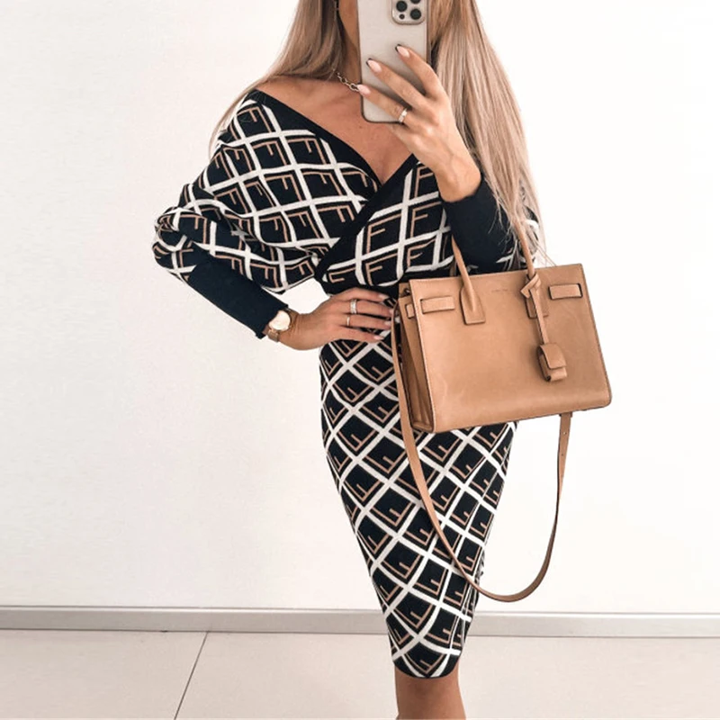 

Sexy V-neck Printed Slim Pencil Dress Spring Autumn Elegant Mid-waist Long Sleeve Dress Women Fashion Temperament Hedging Dress