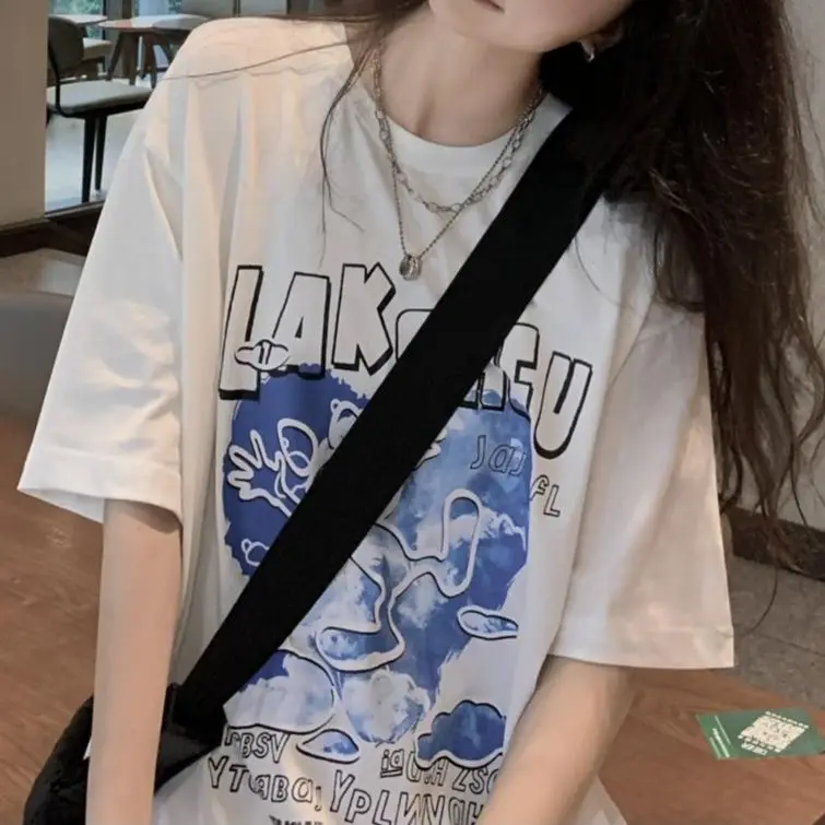 

Women'S Cartoon Print T-Shirt Summer Loose Harajuku Letter Short-Sleeved T-Shirt Women Top Casual Streetwear 2021