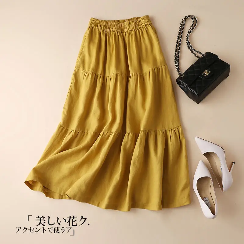 

2020 New Spring Autumn Women Casual Solid Color Pleated Cotton Linen Skirts Female Ankle-Length High Elastic Waist Skirt X396