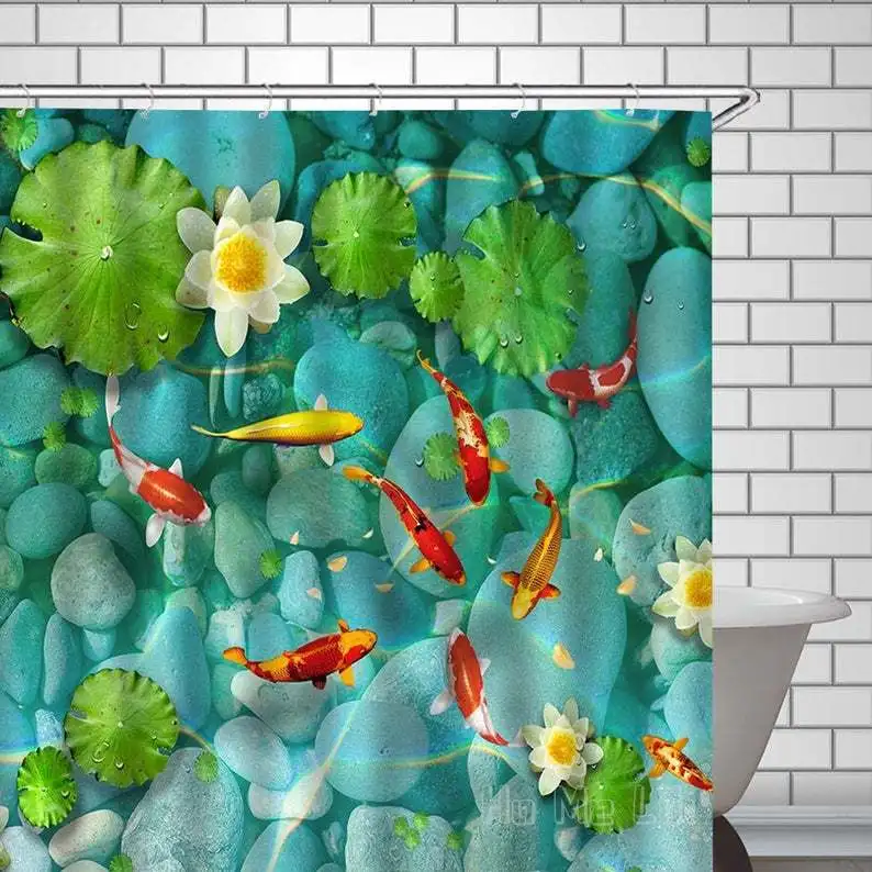 

Koi Fish Lotus Flower Shower Curtain Japanese Style Bathroom Decor Waterproof