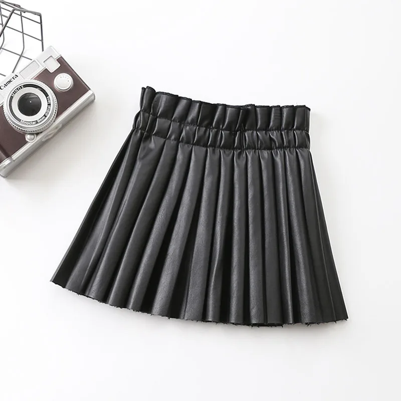 

Girls Skirts New Children's Clothing Kids Pleated Skirts For 3-7Y Casual Solid PU Leather Baby CasualClothes