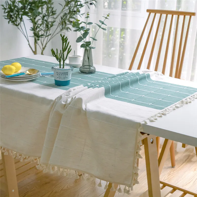 Fashion Stripe Designs Solid Decorative Linen Tablecloth With Tassels Rectangular Wedding Dining Table Cover Tea Cloth |