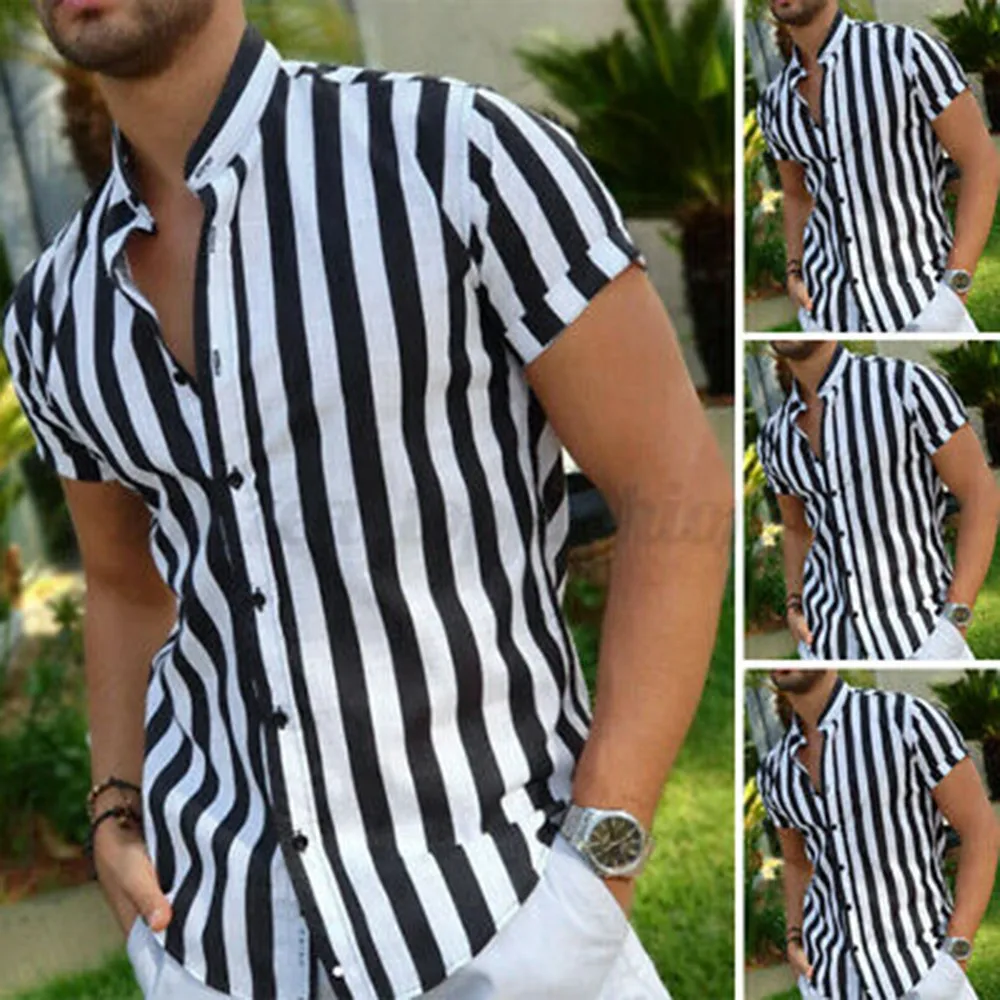 

New Mens Short Sleeve Collarless Striped Printed Casual Shirts Henley T Shirt Blouse For Summer Male