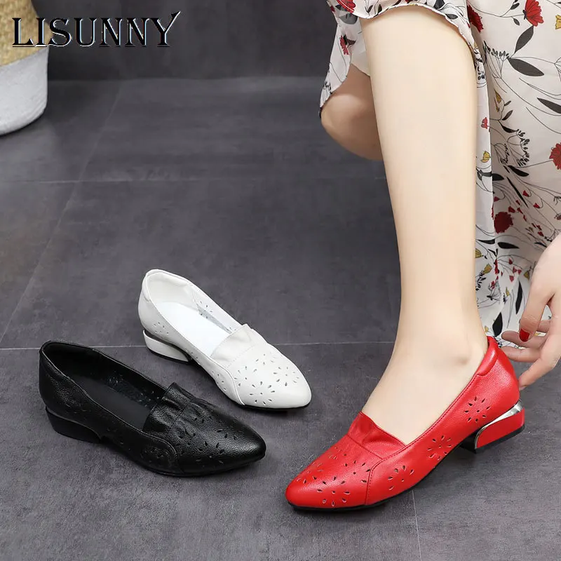 

LISUNNY Brand Shoes Thick Heel Ladies Pumps Genuine Leather Pointed Toe Hollow Low Heels Soft Handmade Shoes Women Large Size