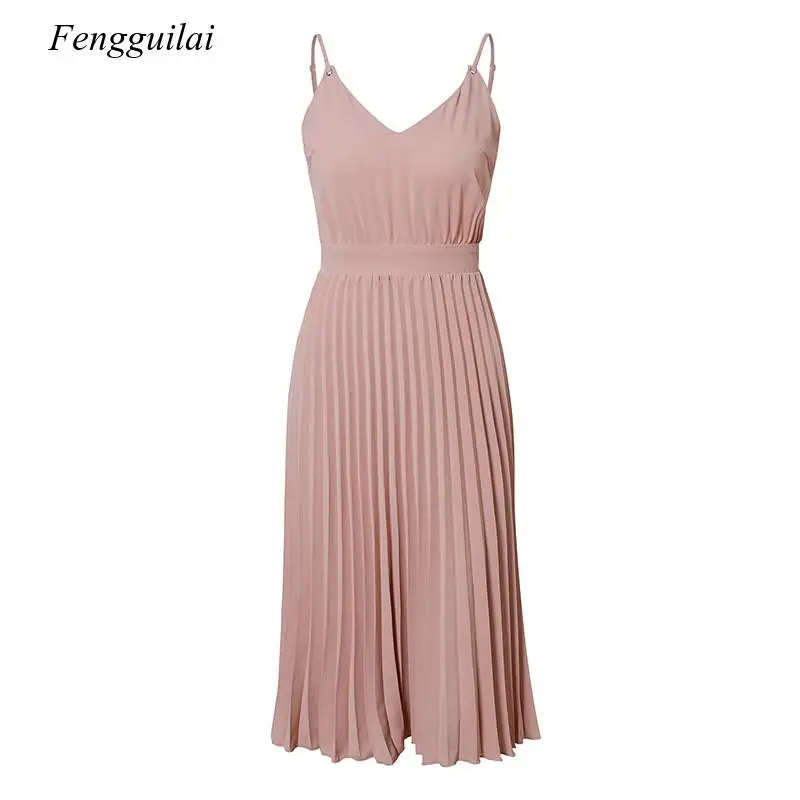 

Sexy Spaghetti Strap Summer Dress Women A-line Hot Pink Female Pleated Midi Dress Casual Office Ladies Party Dresses