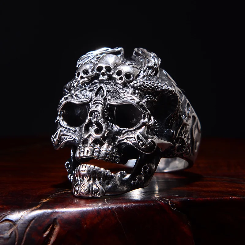 

European and American retro punk dark double dragon men's rings Hip Hop Rock Punk Skull Opening Adjustable Men's Ring wholesale