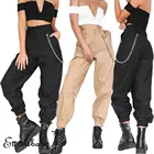 Брюки-карго для женщин и девочек, повседневные однотонные свободные длинные спортивные штаны в стиле пэчворк с завышенной талией, с цепочкой, размера плюс