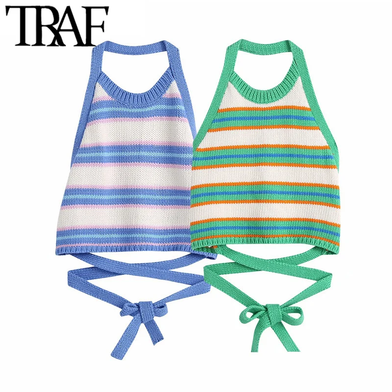 

FAKUNTN Women Sweet Fashion Striped Crop Knitted Tank Tops Vintage Halter Neck Backless Bow Tied Female Camis Mujer