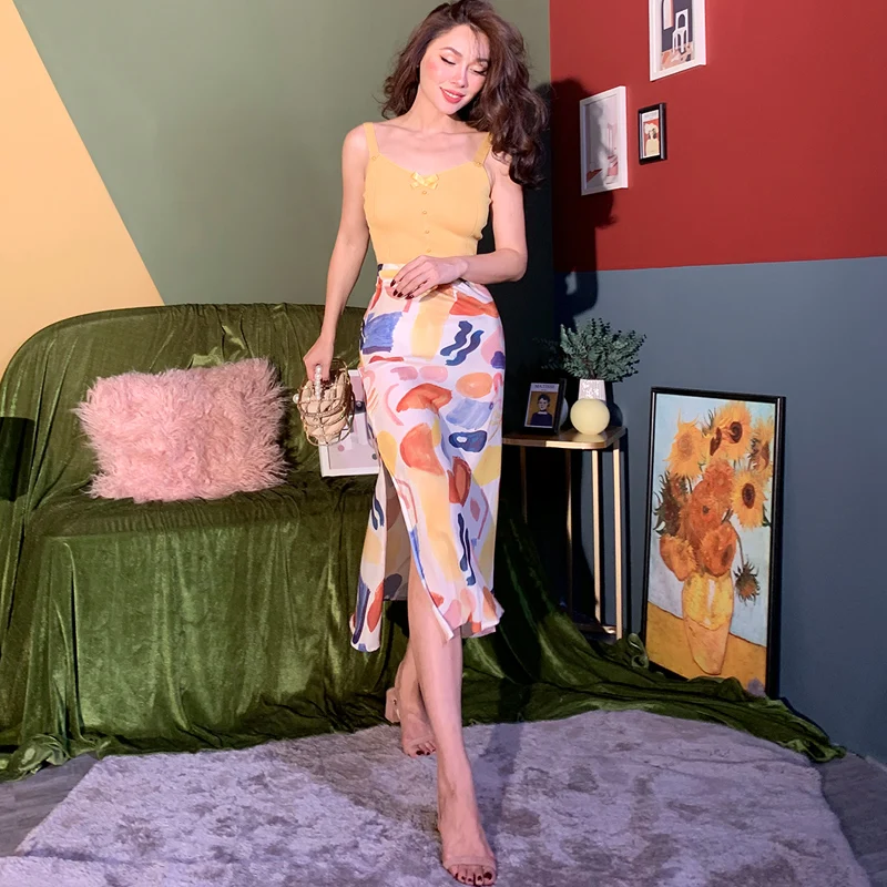 Шифоновая юбка с высокой талией винтажная в уличном стиле масляным рисунком лето