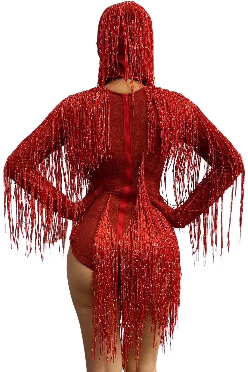 

Black Red Fringe Hooded Bodysuit Masked Singer Sexy Stage Wear Festival Party Cosplay Costume Nightclub Bar Performance Jumpsuit