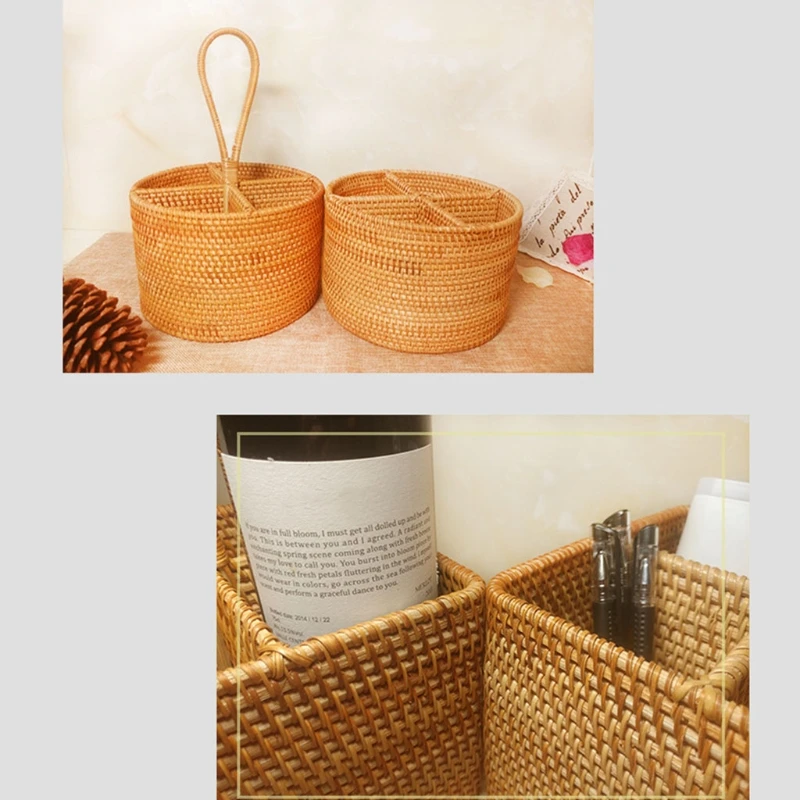 

Round Hand Woven Storage Basket 4 Compartment Desktop Storage Serving Basket Creative Organizer Household Collection