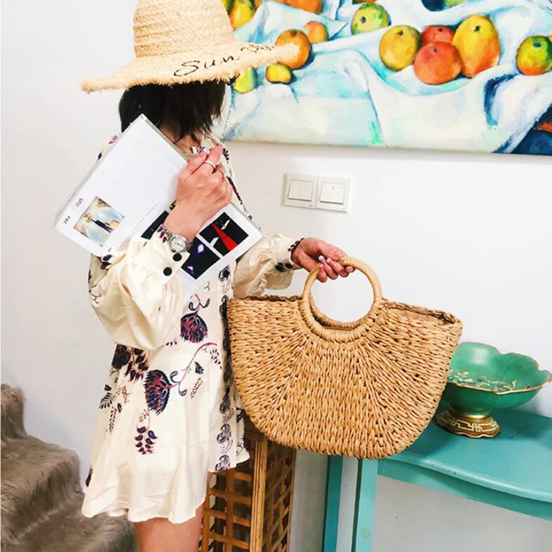 

New Fashion MOON Straw Handbags Women Summer Beach Bag Rattan Bag Handmade Vintage Woven Handbag For Women