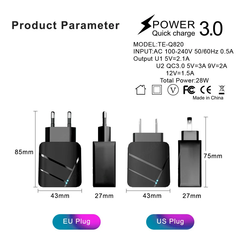 USB-зарядное устройство Quick Charge 3 0 2 порта QC4.0 быстрая зарядка для iPhone Samsung Xiaomi Huawei