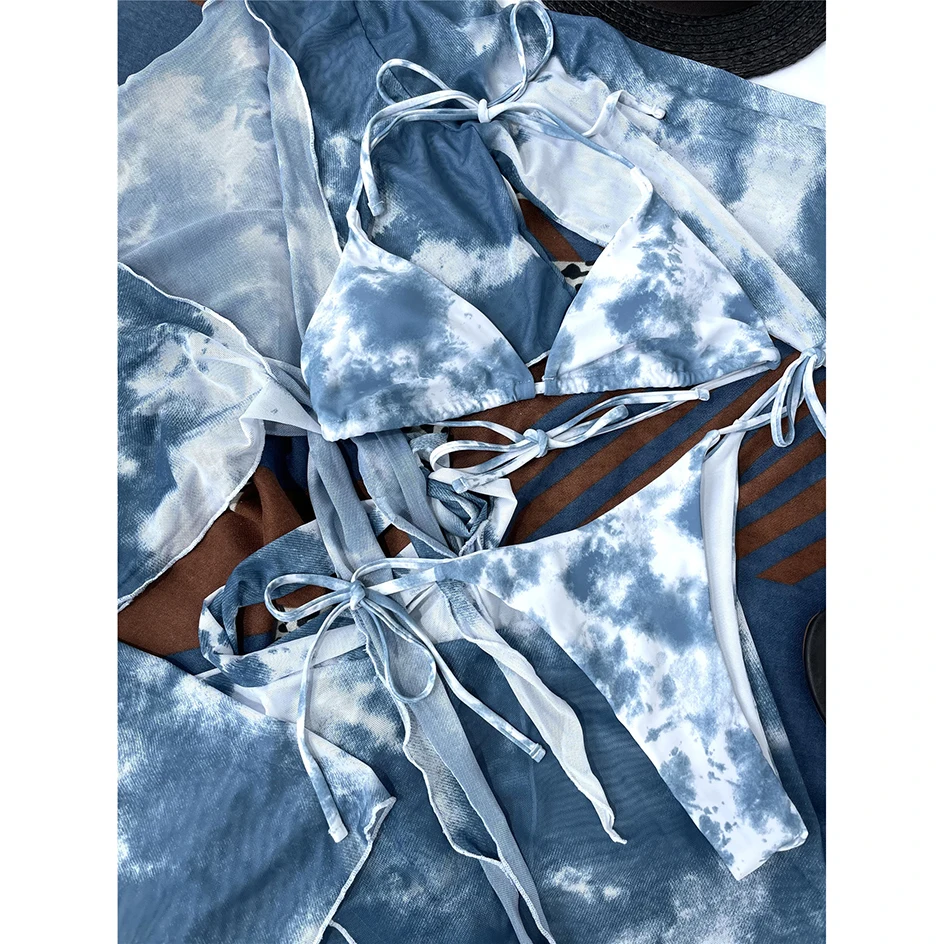 

Bikini 2021 Woman Swimsuit Tie Dye Four piece Suit Mini Thong Bikinis Set Sexy Swimming for Swimwear Female Bathing Suits Women