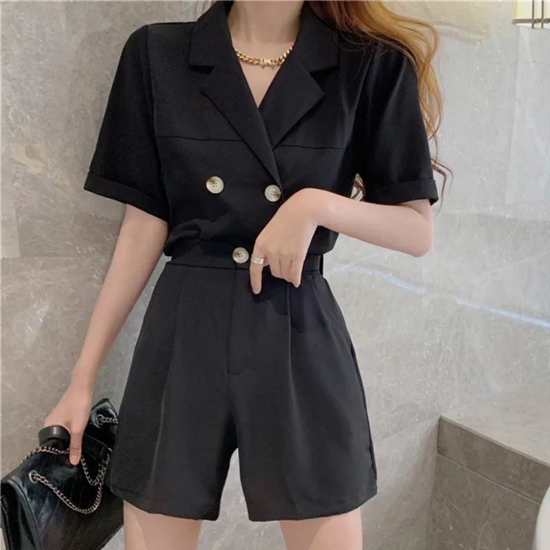 

Korean Version OL Temperament Shorts Suit Two-piece For Women Double-breasted Jacket + Wide-leg Casual Shorts Ensembles Femme