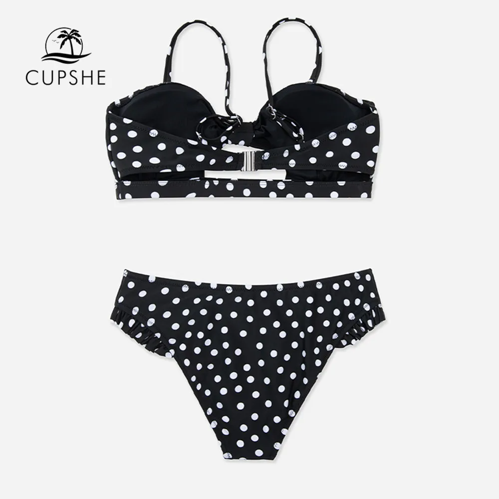 CUPSHE Black Polka Dot Ruffled Low Waist Bikini Sets Swimsuit For Women Sexy Cutout Two Pieces Swimwear 2022 Beach Bathing Suit | Спорт и