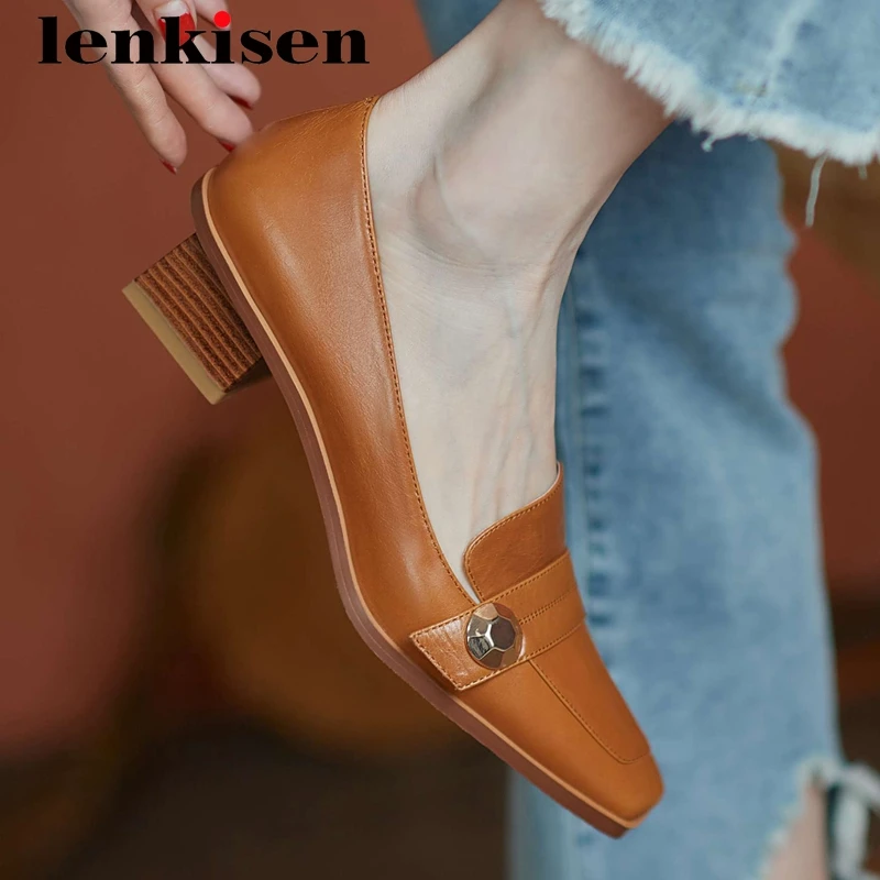 

Lenkisen new business casual genuine leather high quality classics square toe thick med heel slip on beauty lady women pumps L12