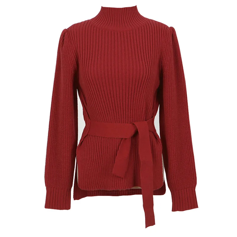 

New Arrivals Winter Office Ladies Korean Lace Up Jumper Long Sleeve Turtleneck Solid Pullover Knitted Sweater Female Tops