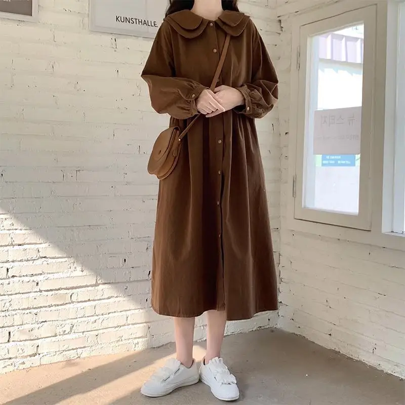 

HOUZHOU Women Preppy Style Dress Kawaii Vintage Long Sleeve Peter Pan Collar Midi Dresses Loose Casual Korean Fashion Streetwear