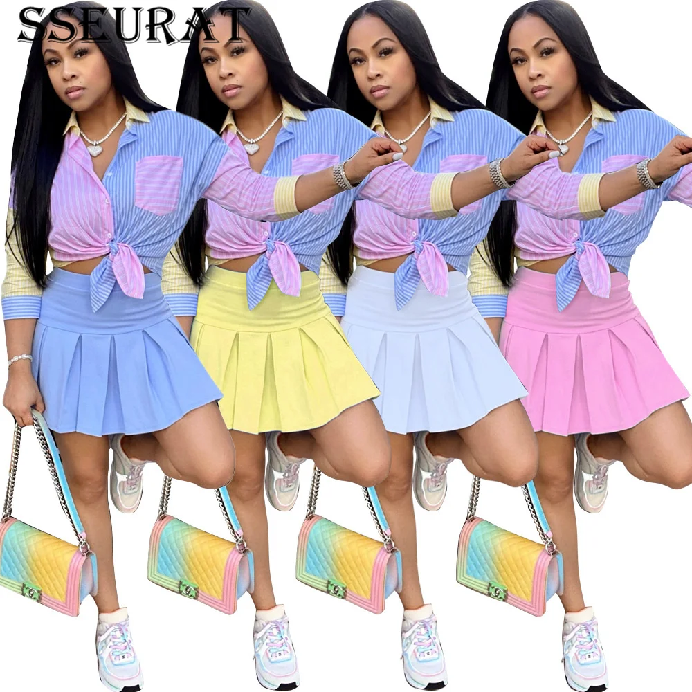 

Женский костюм с юбкой SSEURAT, однотонный повседневный комплект из 2 предметов, рубашка с длинным рукавом и плиссированная мини-юбка, в стиле п...