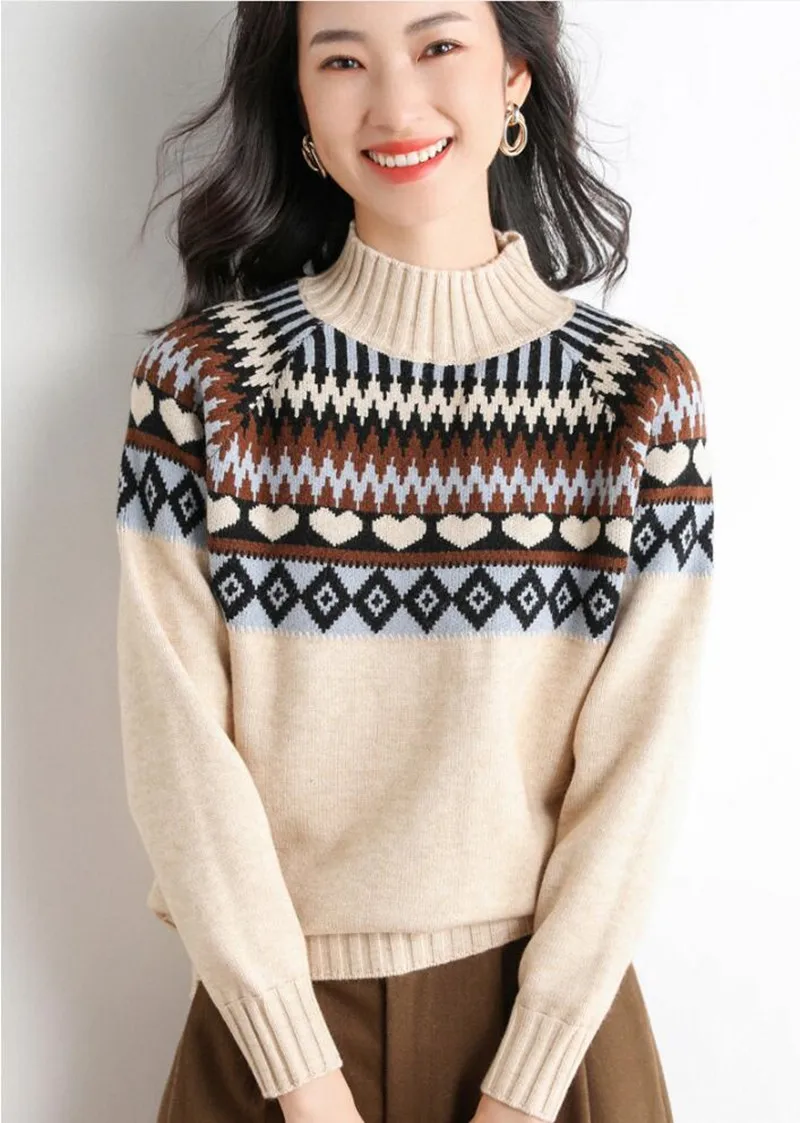 

Women Crew Neck Cashmere Sweater Autumn Winter Beige light tan Knitted Jumper Female Casual Pullover Sweaters