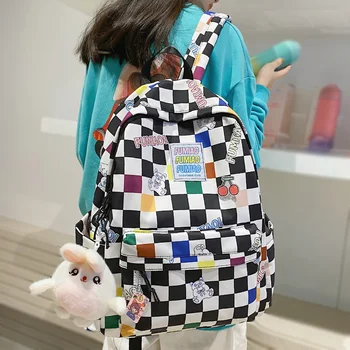 Fashion New Lady Lattice Travel Cartoon Bag Female Plaid Cute College Backpack Trendy Women Bag Girl Cool Kawaii Laptop Backpack 1
