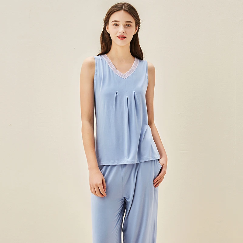 Produtos de Verão de Pijamas sem Mangas Fibra de Bambu Solto e Confortável Novos Housewear Terno Feminino Pijamas ar Condicionado Roo