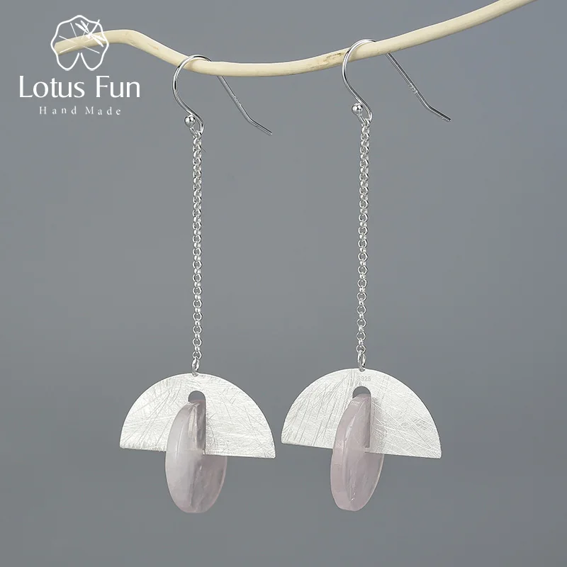Lotus Fun реальные 925 пробы серебро натуральный камень Креативный дизайнер ювелирные украшения сектора Rotable длинные висячие серьги для женщин - Цвет камня: Pink Crystal