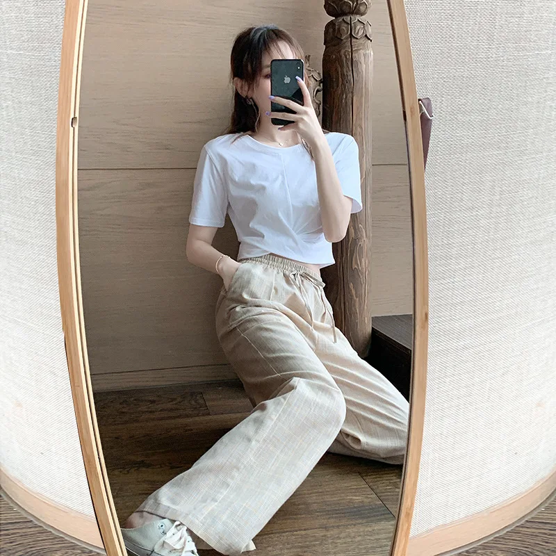 

2020 summer leisure new all-around knitting white T short sleeve high waist loose straight tube shaking wide leg pants for women
