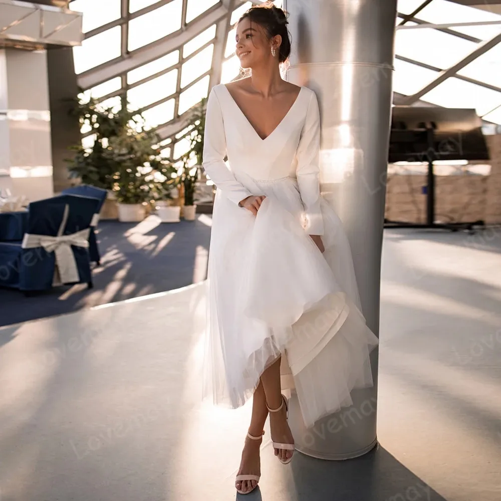 

Short Wedding Dresses Elegant Long Sleeves V Neck Beading Belt Bridal Gown A Line Tea Length Bride Dresses Vestidos De Novia