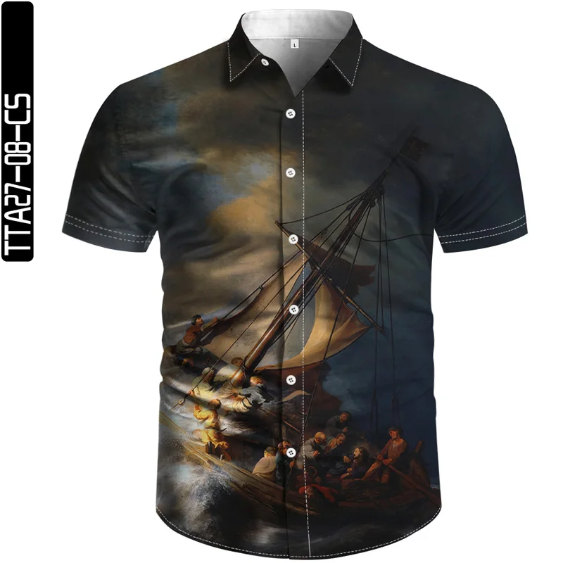 

2021 summer new men's shirt casual all-match shirt oil painting 3D printing quick-drying loose short-sleeved shirt top S-4XL