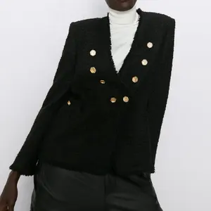 Женский двубортный Блейзер, пальто черного цвета на металлических пуговицах, с V-образным вырезом и длинным рукавом, 2020