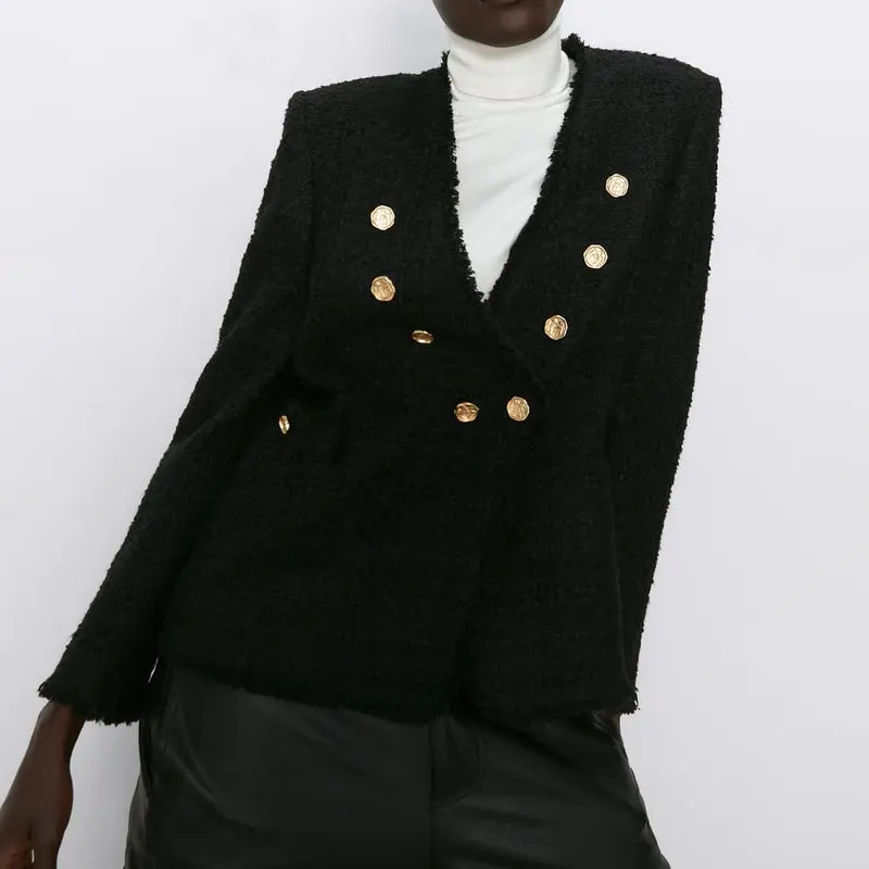 Женский двубортный Блейзер черный пиджак с V образным вырезом длинным рукавом и