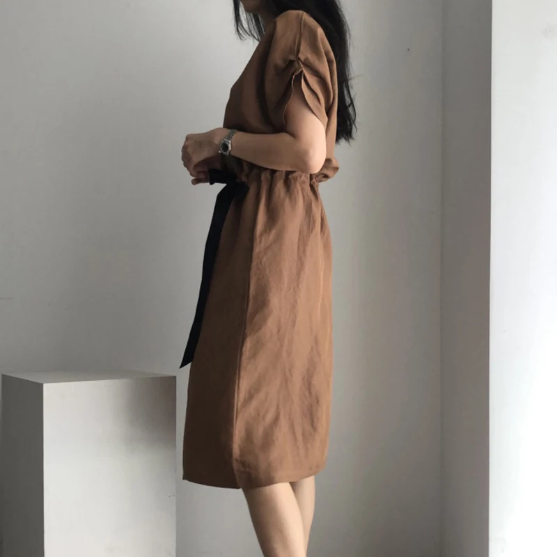 

GALCAUR Elegant Dress For Women O Neck Short Sleeve Bow Ruched Solid Oversized Midi Dresses Female New Clothing 2021 Summer Tide