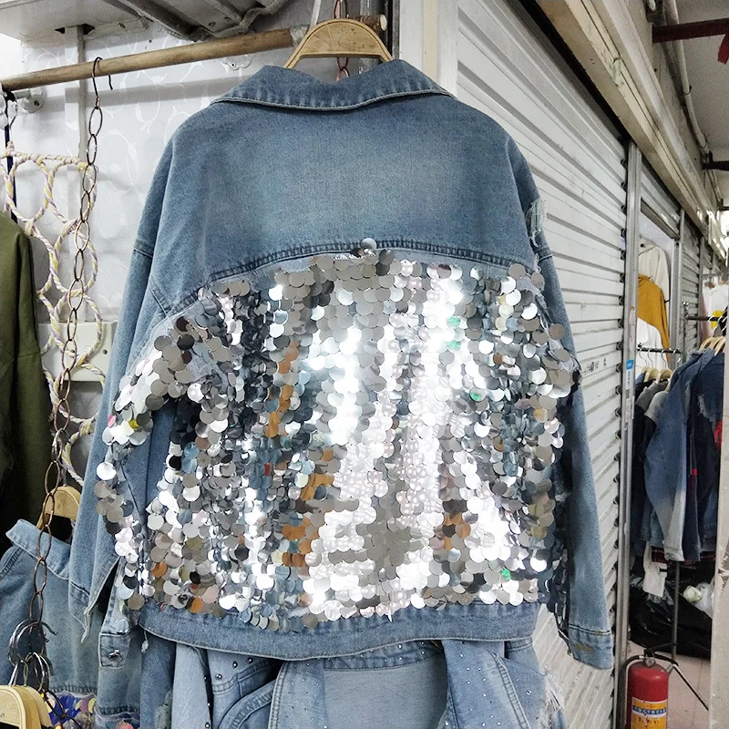 Женская джинсовая куртка с блестками синяя блестящая Куртка Свободного Покроя в