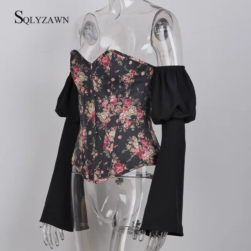 Женский винтажный корсет с открытыми плечами черный облегающий длинными