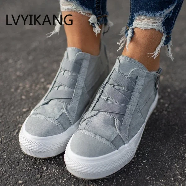 

Casual Women Flat Vulcanize Shoes Comfortable Canvas High Top Platform Sneakers Vintage Solid Elastic Band Outdoor Shoes Ladies