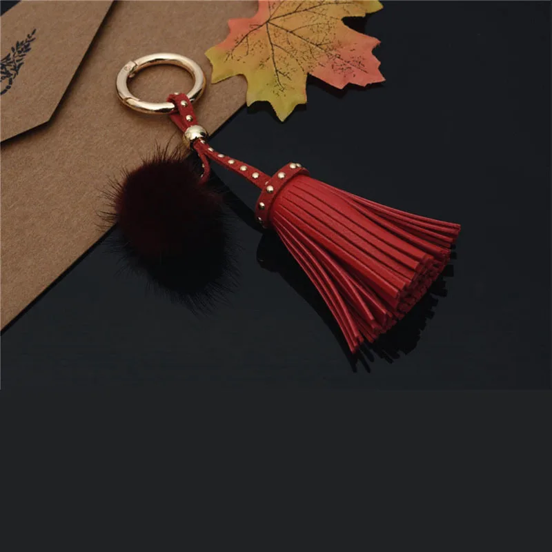 

Leather Tassels With Mink Fur Ball Key Chain With One Tassels For Car Keychain Bag Key Ring Jewelry EH812