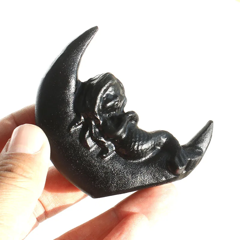 

1 Pcs Unpolished Natural Black Obsidian Crystal Mermaid With Moon