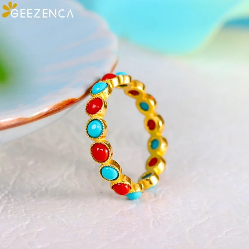 

GEEZENCA S925 Silver Gold Plated Agate Turquoise Women's Ring Classic Trendy Minimalist Open Rings Fine Jewelry Engagement Gift