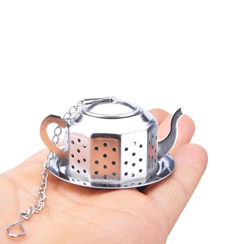 

Stainless Steel Teapot Shape Tea Leaf Infuser With Tray Convenient Spice Drinking Strainer Herbal Filter