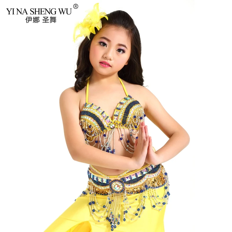 Yellow-2pcs-Bra-Belt Детские танцевальные костюмы, комплект для девочек, Восточный танец живота, расшитый бисером, с кисточками, новая детская одежда для сцены, танцевальная одежда, комплект из 2 предметов/3 шт - Цвет: Yellow-2pcs-Bra-Belt