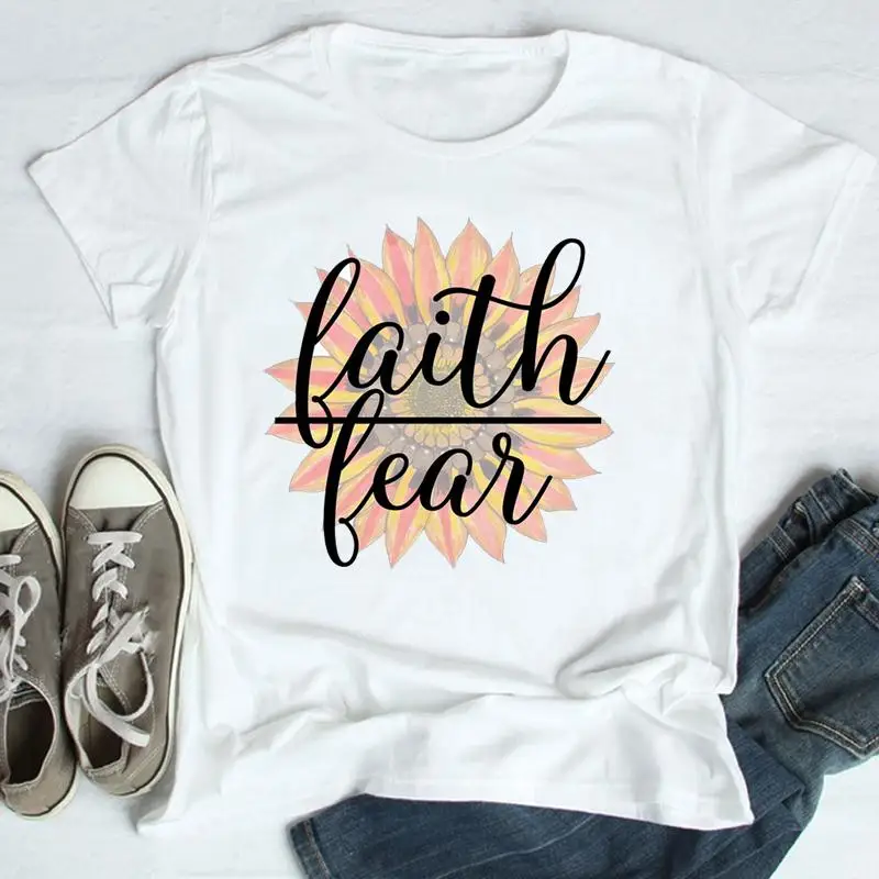 

Faith Letter Flower Tees Fashion Tshirts Women Short Sleeve Cartoon Print Summer Female Aesthetic Clothes Tops Graphic T-Shirt