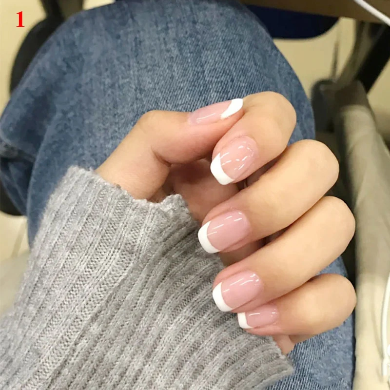 

24Pcs Naked Pink French White Side False Nails Short Simple Nail Beauty Press on Fake Nails Full Cover Artificial Nails Tips