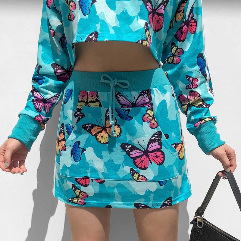 

Casual Sports Y2K Harajuku Butterfly Print Women's Suits with skirt Sexy Show waist Crop top With High waist Kawaii Mini skirt