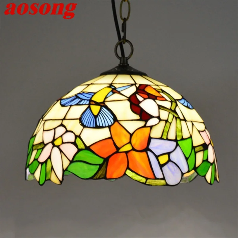 

AOSONG Tiffany Pendant Light Contemporary LED Lamp Flower Figure Fixtures For Home Dining Room Decoration