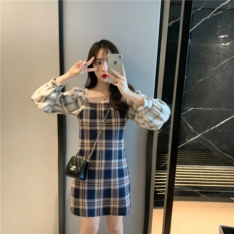 Женское Короткое платье в синюю клетку повседневное корейское вечернее мини с